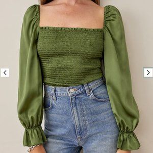 Reformation Chamomile Top - Green Silk Long Sleeve - Size M